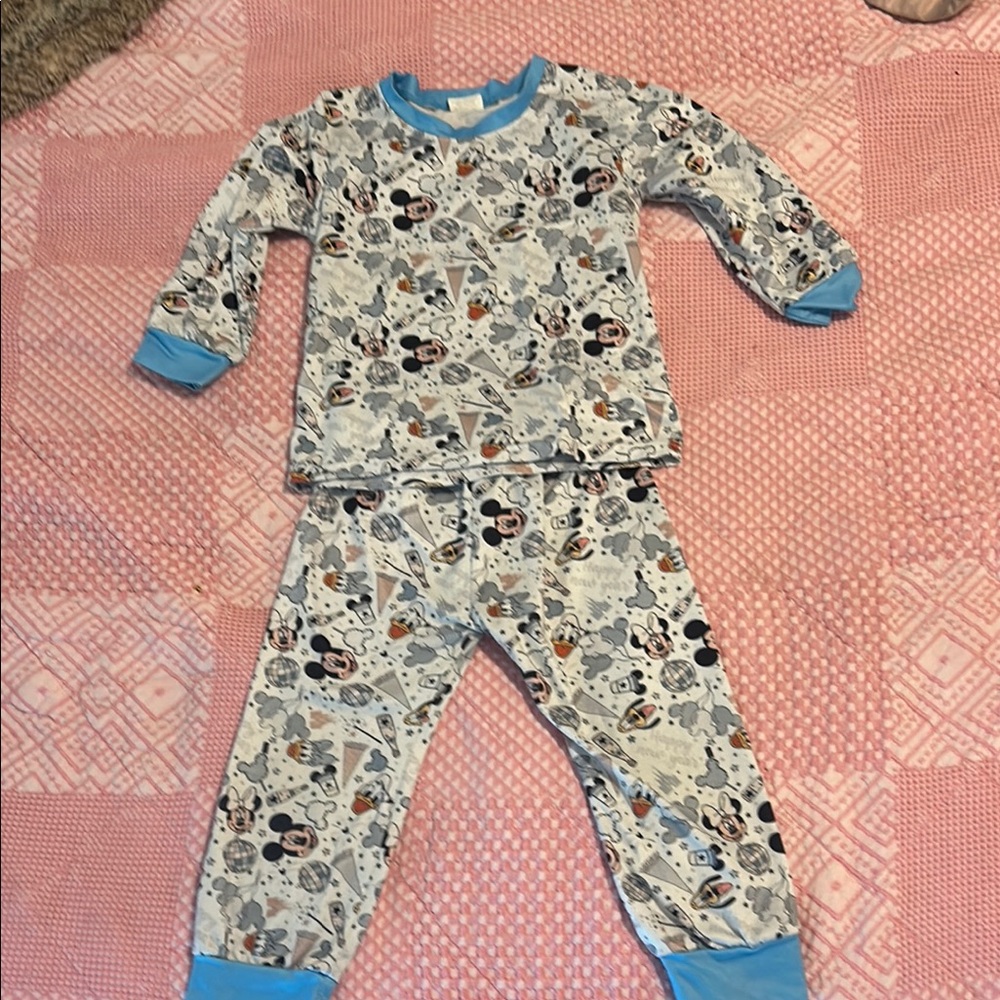 Disney Light Gray Mickey Mouse Pajama Set with Blue Trim
